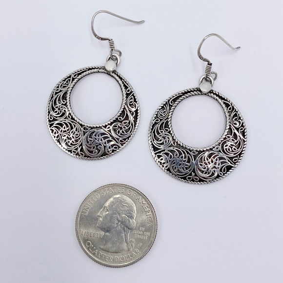 Vintage Sterling Silver 925 Filigree Hoop Dangle Earrings - Picture 3 of 8